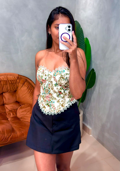 Cropped Corset Estampado com Renda Sabrina Ref. 1859. FRETE GRÁTIS