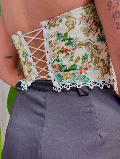 Cropped Corset Estampado com Renda Sabrina Ref. 1859. FRETE GRÁTIS