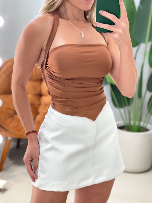 Cropped em Suplex Frente Única de Bico com Plissado Lidia Ref. 1869. FRETE GRÁTIS