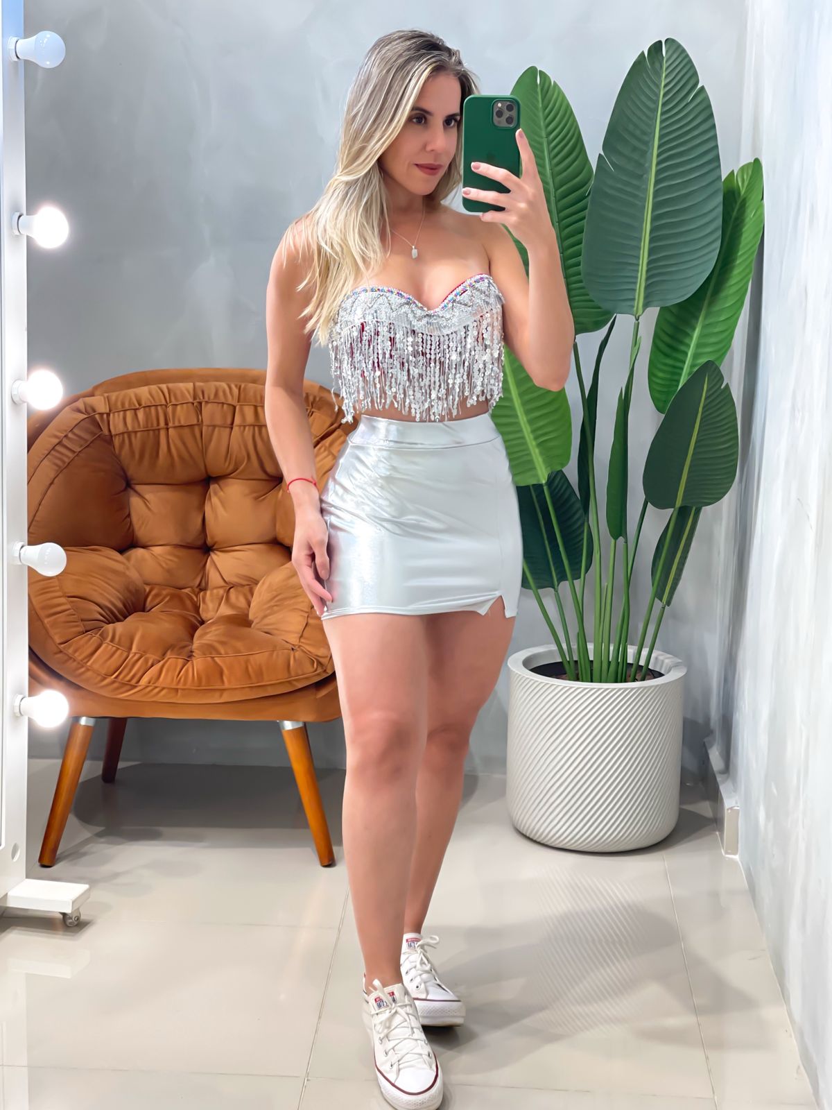 Cropped sem Alça com Lantejoulas e Franjas Tais Ref. 1873. FRETE GRÁTIS