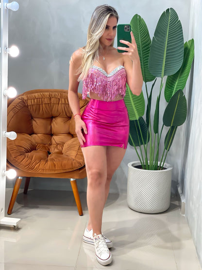 Cropped sem Alça com Lantejoulas e Franjas Tais Ref. 1873. FRETE GRÁTIS