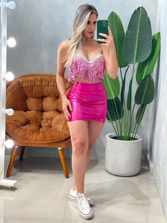 Cropped sem Alça com Lantejoulas e Franjas Tais Ref. 1873. FRETE GRÁTIS