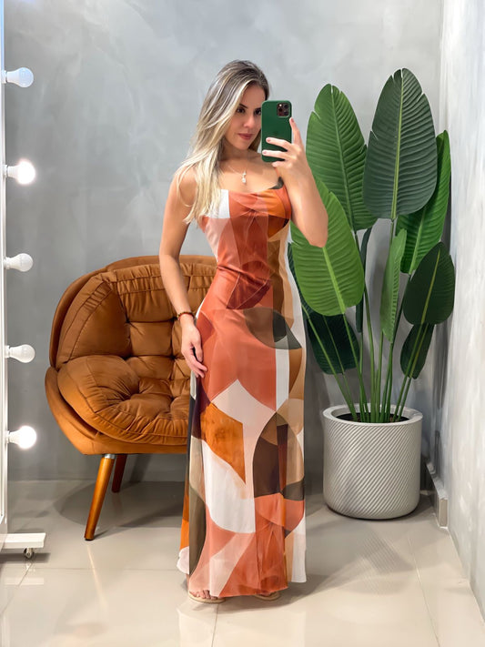 Vestido Feminino Longo em Tule Estampado Aurora Ref. 1884. FRETE GRÁTIS