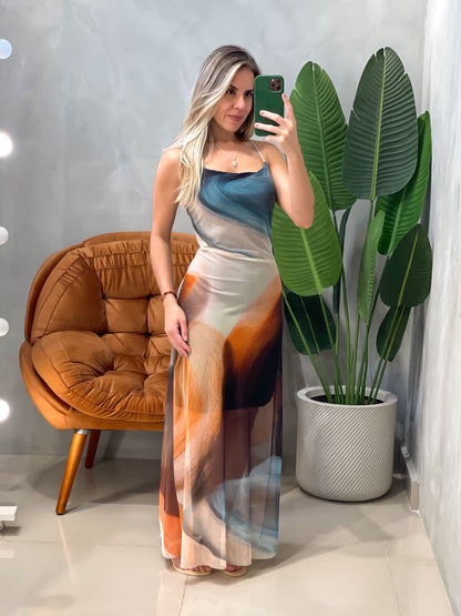 Vestido Feminino Longo em Tule Estampado Aurora Ref. 1884. FRETE GRÁTIS