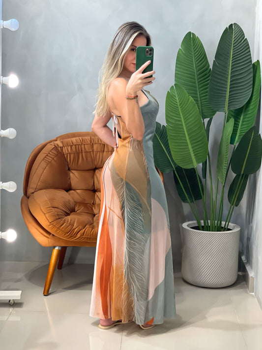 Vestido Feminino Longo em Tule Estampado Aurora Ref. 1884. FRETE GRÁTIS