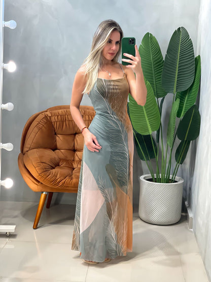 Vestido Feminino Longo em Tule Estampado Aurora Ref. 1884. FRETE GRÁTIS