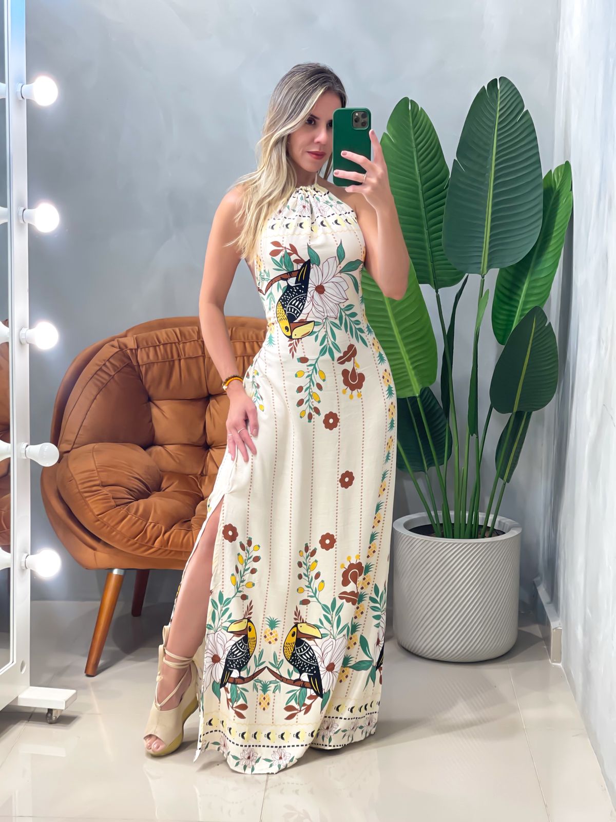 Vestido Longo em Viscose Frente Única Estampado Angélica Frete Grátis