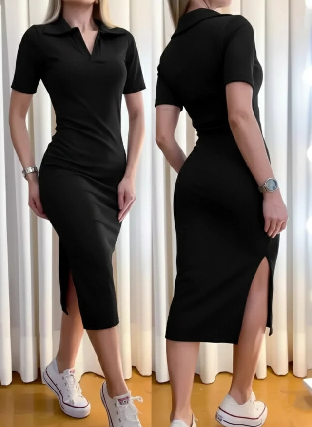 Vestido Midi em Ribana Gola Polo Frete Grátis.
