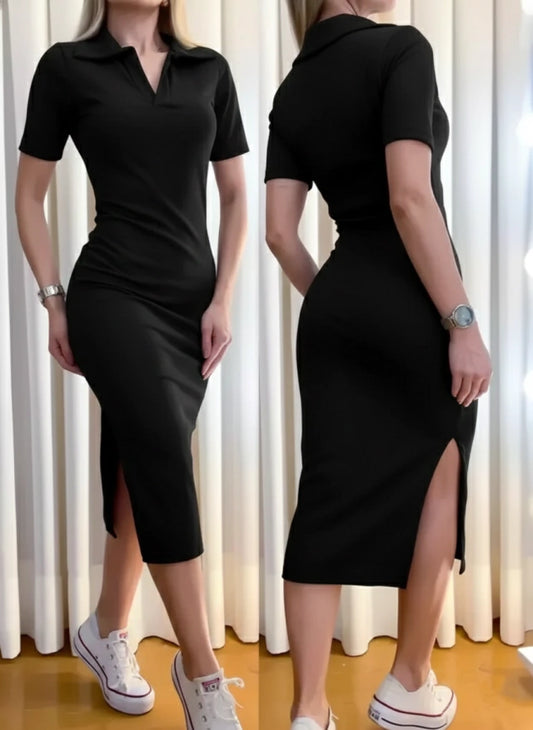Vestido Midi em Ribana Gola Polo Frete Grátis.