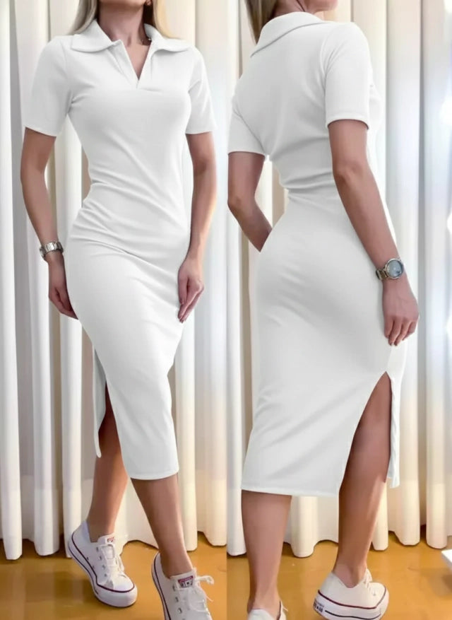 Vestido Midi em Ribana Gola Polo Frete Grátis.