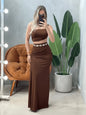 Conjunto em Poliamida Cropped Alça Única Franzido e Saia Longa Transpassada Frete Grátis.